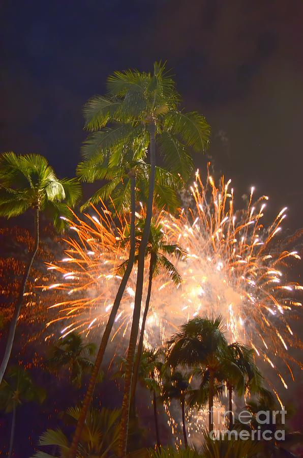 Beach Photograph - Palm Tree Fireworks Series - 1 by Mary Deal