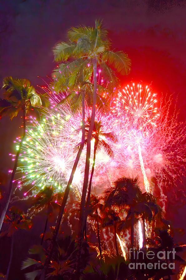 Beach Photograph - Palm Tree Fireworks Series - 4 by Mary Deal