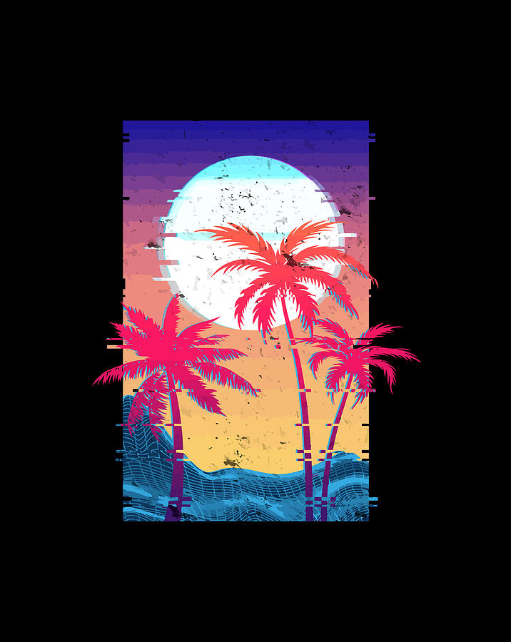 Palm Tree Sunrise Digital Landscape Retro Glitch Art Digital Art by ...