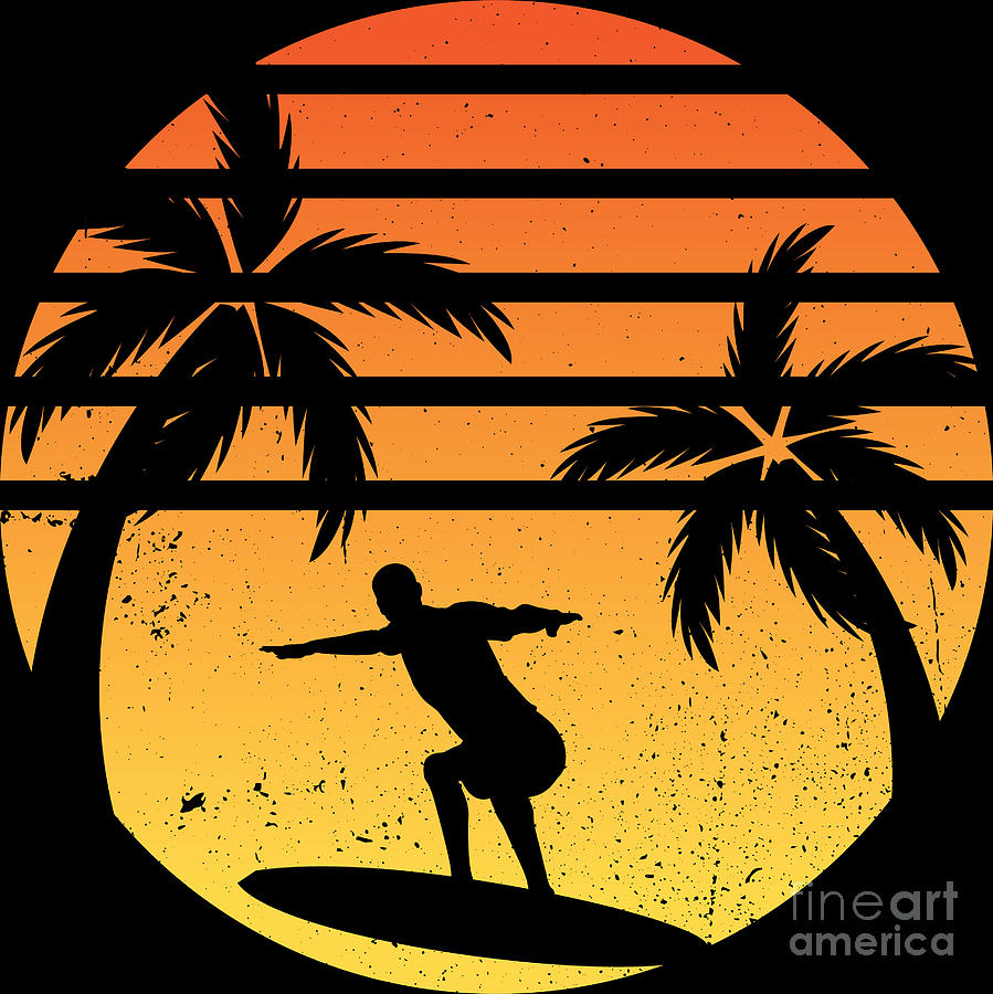 Palm Tree Sunset Silhouette Surfing Gift by Haselshirt