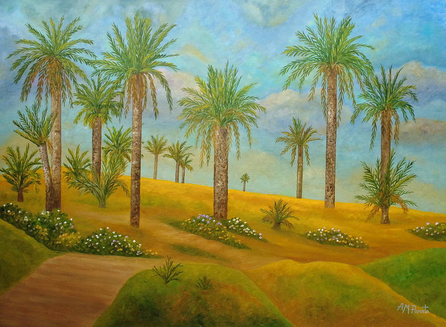 Nature Painting - Palm Trees At Sunset by Angeles M Pomata