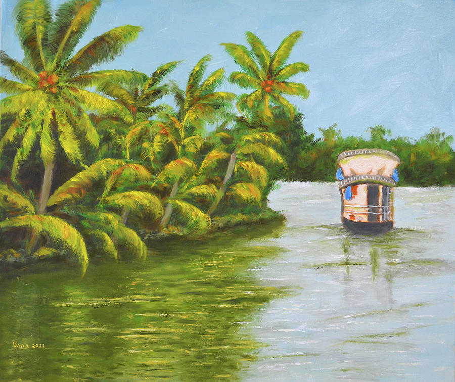 Palm trees in Alleppey Painting by Uma Krishnamoorthy