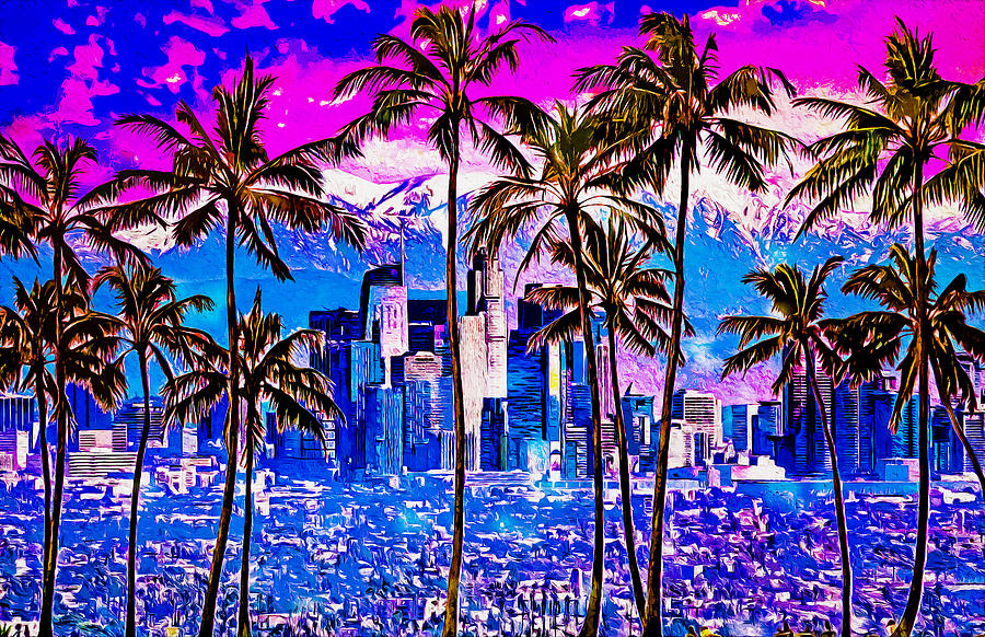 Palm trees in front of Los Angeles skyline at sunset - digital painting Digital Art by Nicko Prints