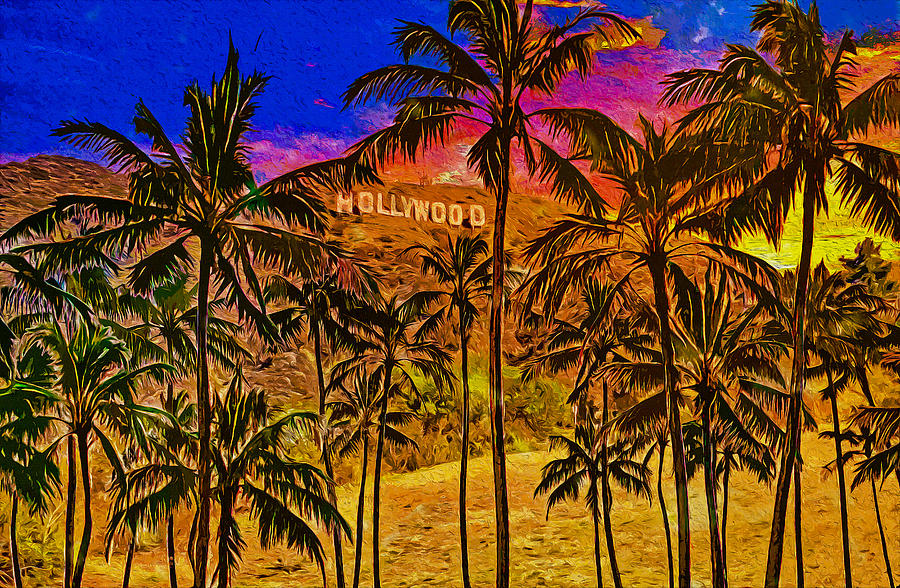 Palm trees in front of the Hollywood Sign, and dramatic sky - digital painting Digital Art by Nicko Prints