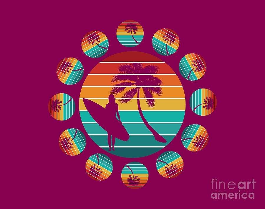 Palm Trees, Sunset, Surf Girl, Summer Shirt,  Digital Art by David Millenheft