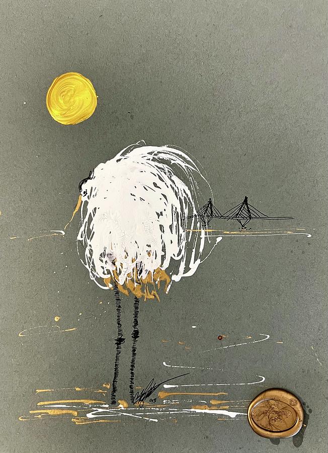 Palmetto Crane Fluffing Under Full Moon Drawing by C F Legette