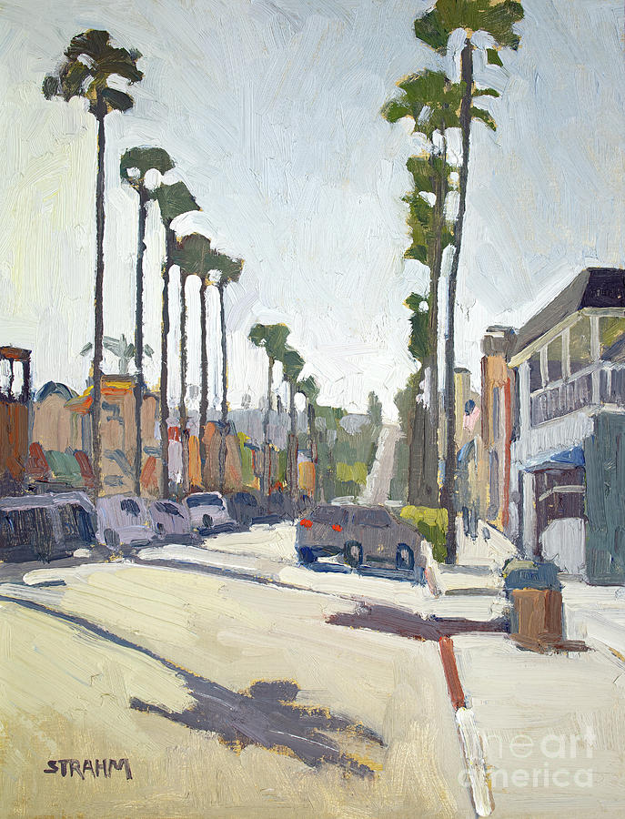 Palms Along Newport Avenue - Ocean Beach, San Diego, California Painting by Paul Strahm