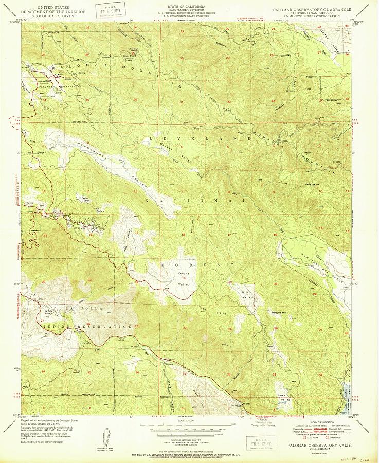 Palomar Observatory CA from 1950 Vintage Map High Quality Mixed Media ...