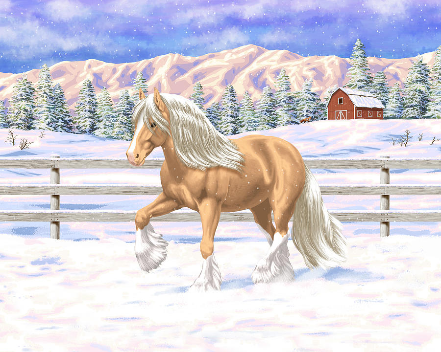 Palomino Gypsy Vanner Draft Horse in Snow Painting by Crista Forest