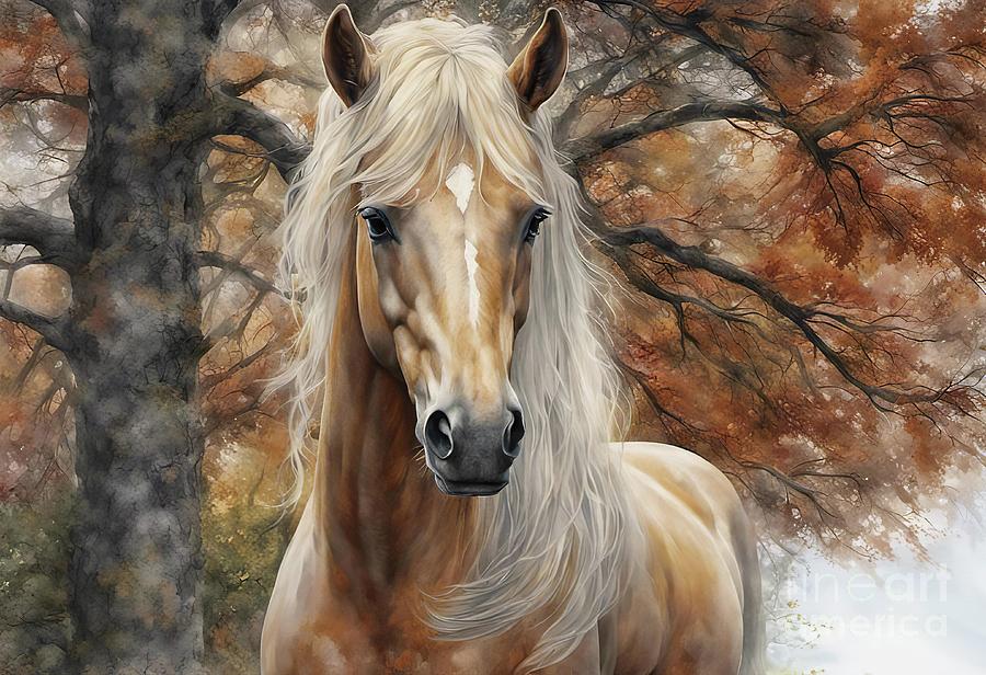 Palomino Mare Horse in Fall Colors with Pretty Star and Long Mane Mixed Media by Stephanie Laird