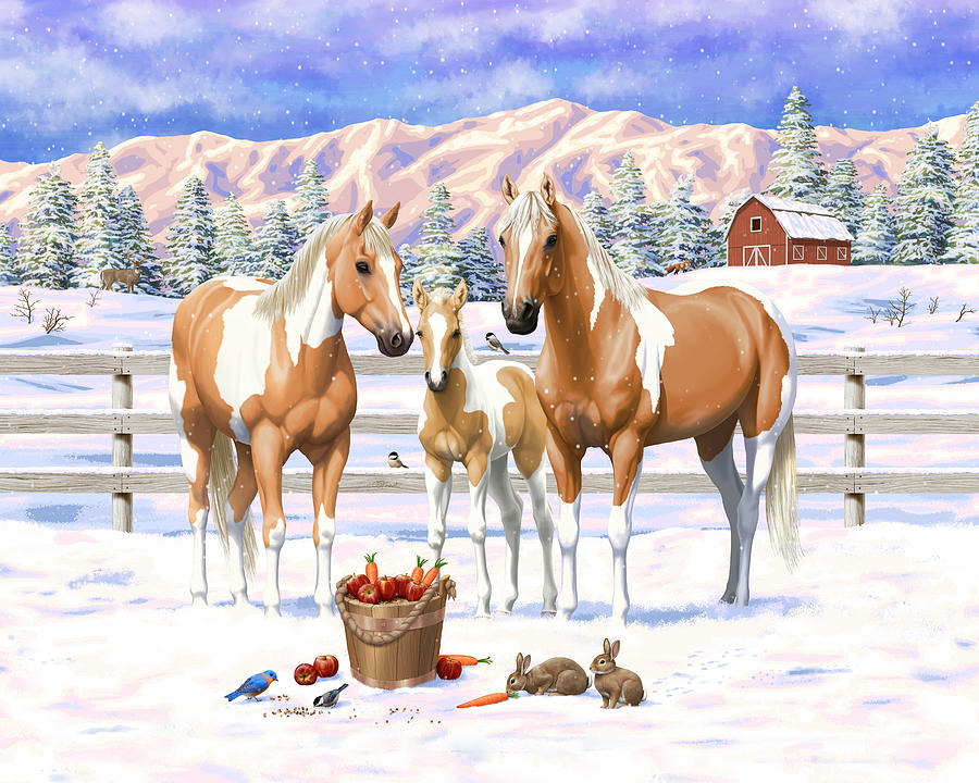 Horse Painting - Palomino Pinto Paint Horses In Snow by Crista Forest