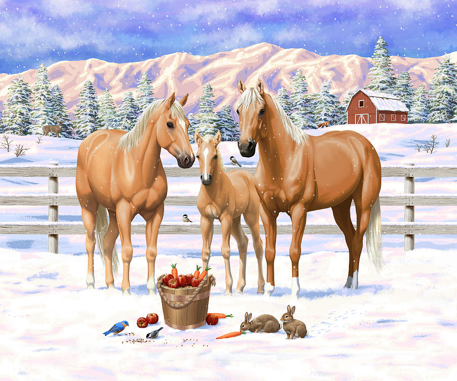 Palomino Quarter Horses In Snow Painting by Crista Forest