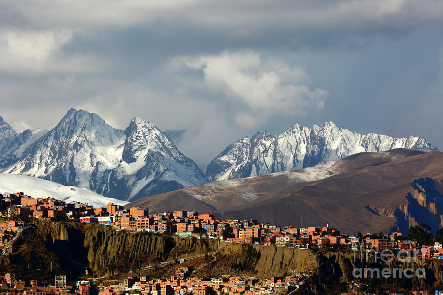 City Photograph - Pampahasi suburbs and snowy Andean peaks La Paz Bolivia by James Brunker