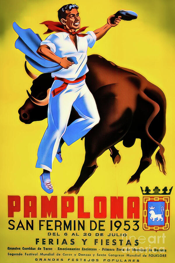 Pamplona Spain Running Of The Bulls Poster 1953 Drawing