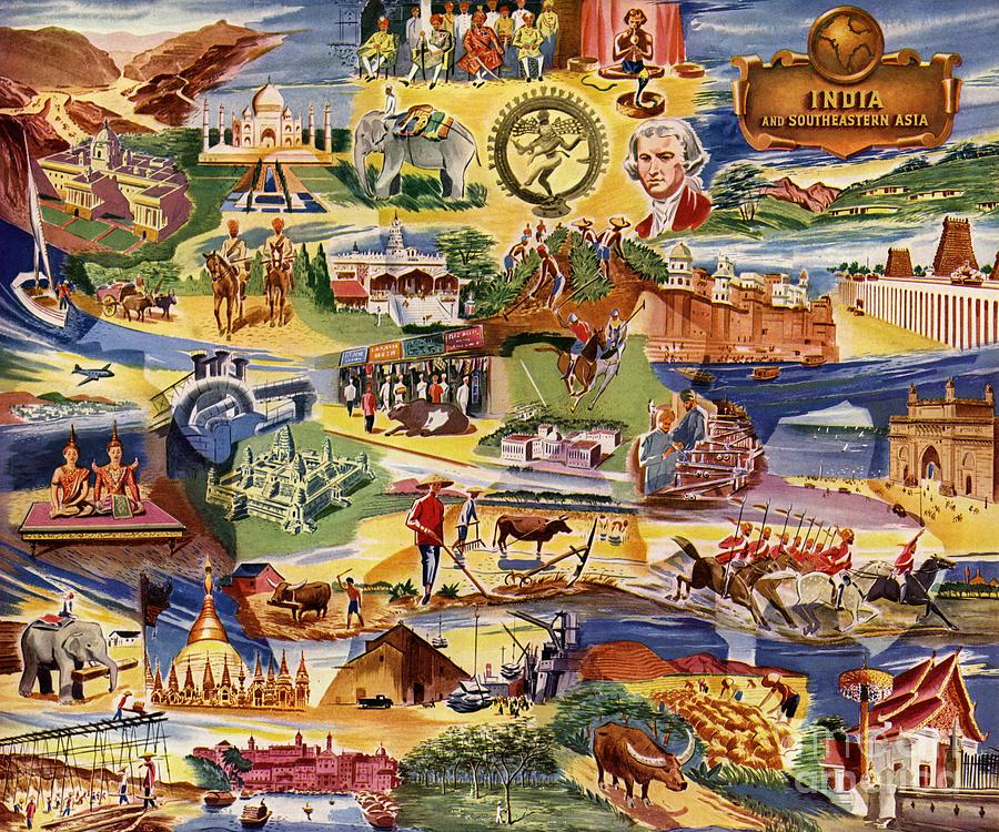 Pan American Airlines - A Portrait of India and Southeastern Asia - 1946 Digital Art by Vintage Map Pan American Airlines - A Portrait of India and Southeastern Asia - 1946 Digital Art by Vintage Map