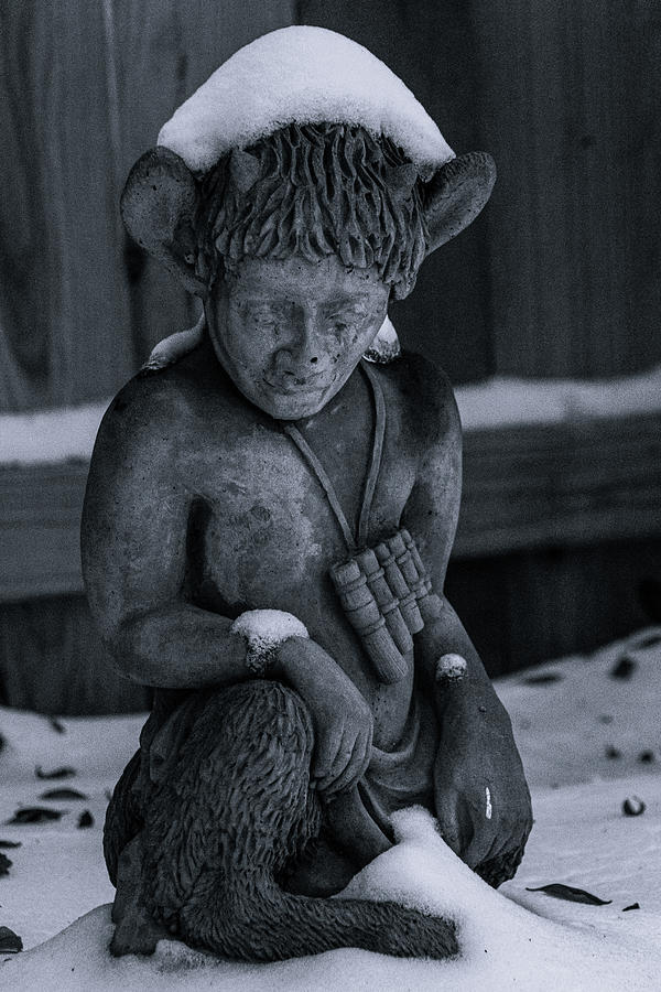 Winter Photograph - Pan Statue In Snow Black and White by Robby Batte