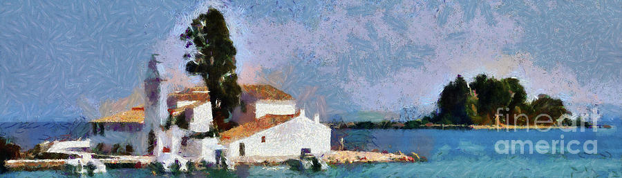 Panagia Vlachernon and Pontikonisi islet Painting by George Atsametakis