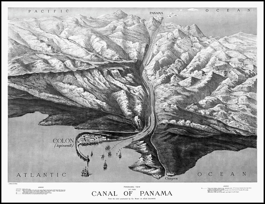 Vintage Photograph - Panama Canal Vintage Map Aerial View 1881 Black and White  by Carol Japp