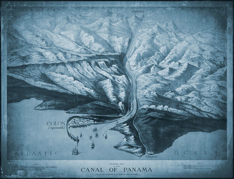 Vintage Photograph - Panama Canal Vintage Map Aerial View 1881 Blue by Carol Japp