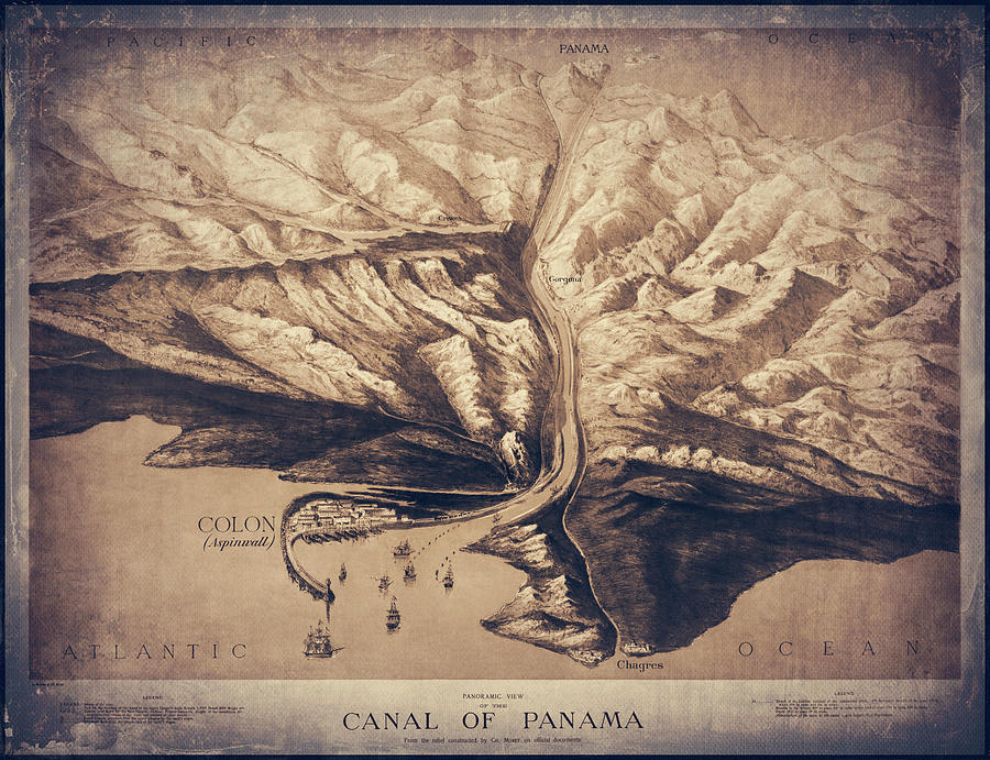 Vintage Photograph - Panama Canal Vintage Map Aerial View 1881 Sepia by Carol Japp