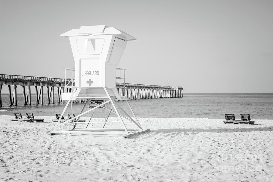 Panama City Pier and Lifeguard Station Black and White Photo Photograph by Paul Velgos
