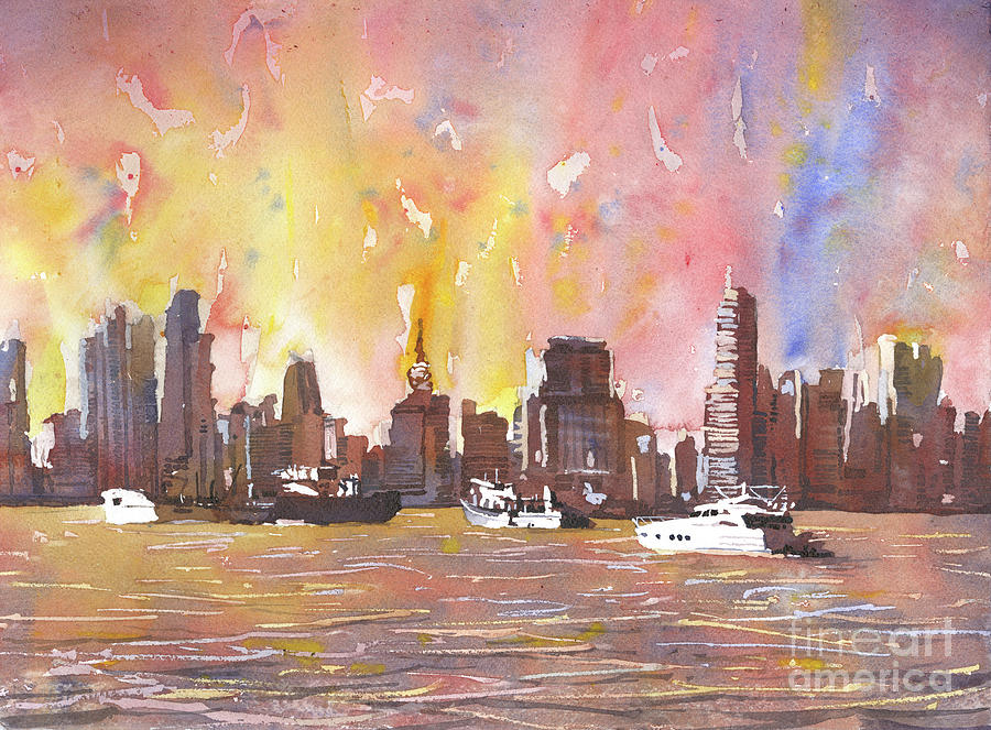 Panama City skyline watercolor Central Americal landscape Painting by Ryan Fox