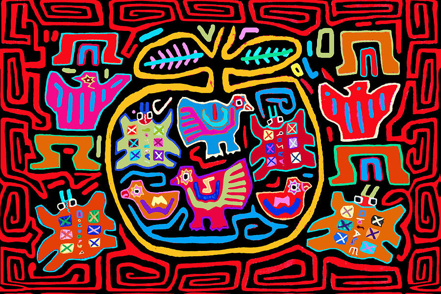 Panama Kuna Indian Chickens Mola Digital Art by Vagabond Folk Art - Virginia Vivier