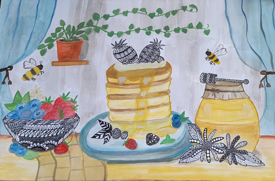 Pancakes Mixed Media - Pancakes,  berry bowl and honey jar by Kiruthika S