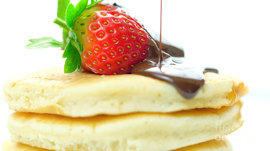 Tea Photograph - Pancakes with strawberry and drizzled with chocolate sauce, macro closeup. by Milleflore Images