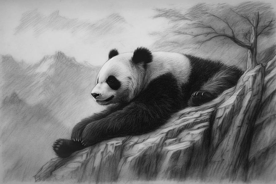 Wildlife Drawing - Panda Bear, charcoal drawing by David Mohn