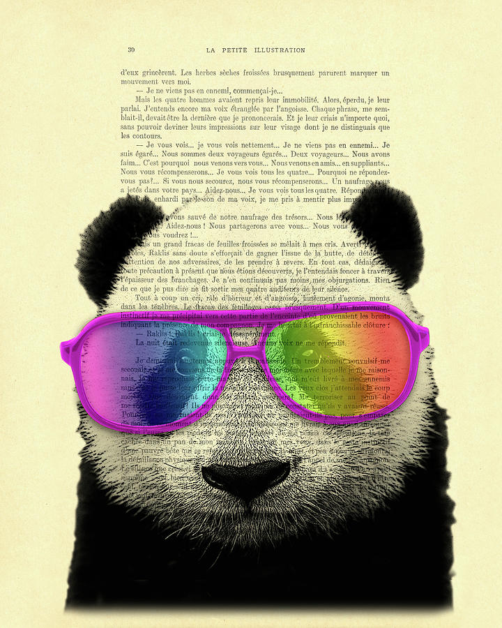 Black And White Mixed Media - Panda bear with cool sunglasses, wildlife animal with rainbow glasses by Madame Memento