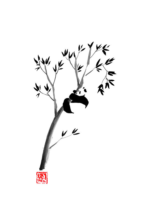 Panda Drawing - Panda In His Tree 02 by Pechane Sumie