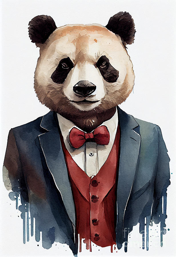 Panda Painting - Panda in Suit Watercolor Hipster Animal Retro Costume by Jeff Creation