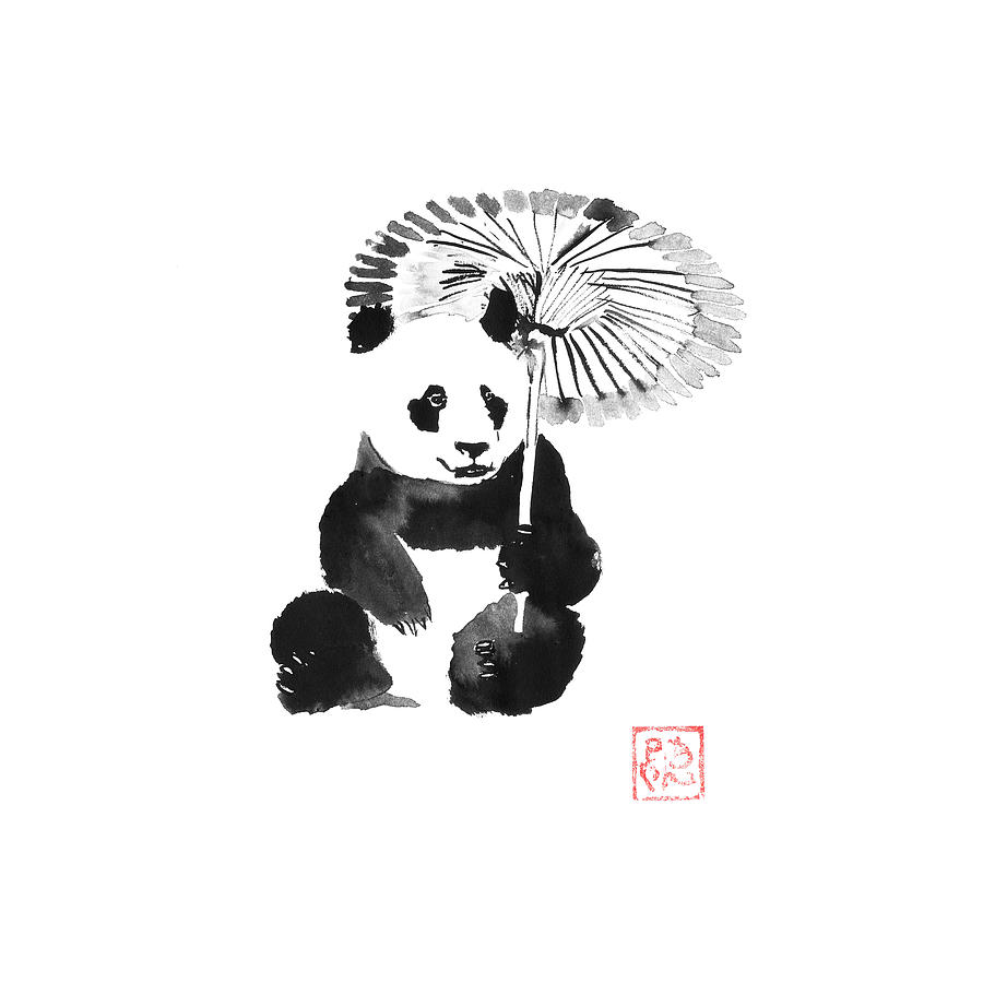 Sumie Drawing - Panda In The Rain by Pechane Sumie