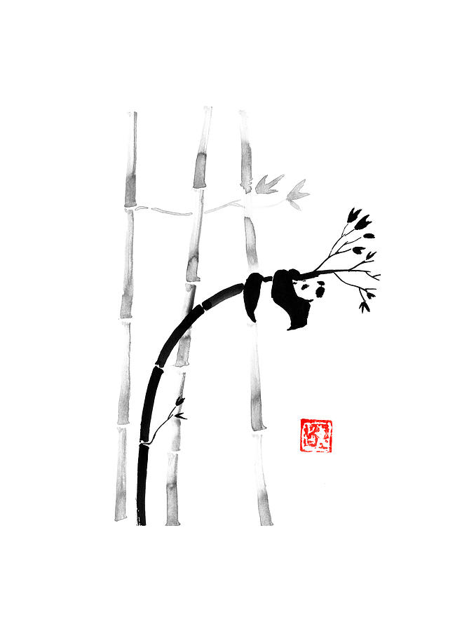 Panda Drawing - Panda On Bamboo by Pechane Sumie