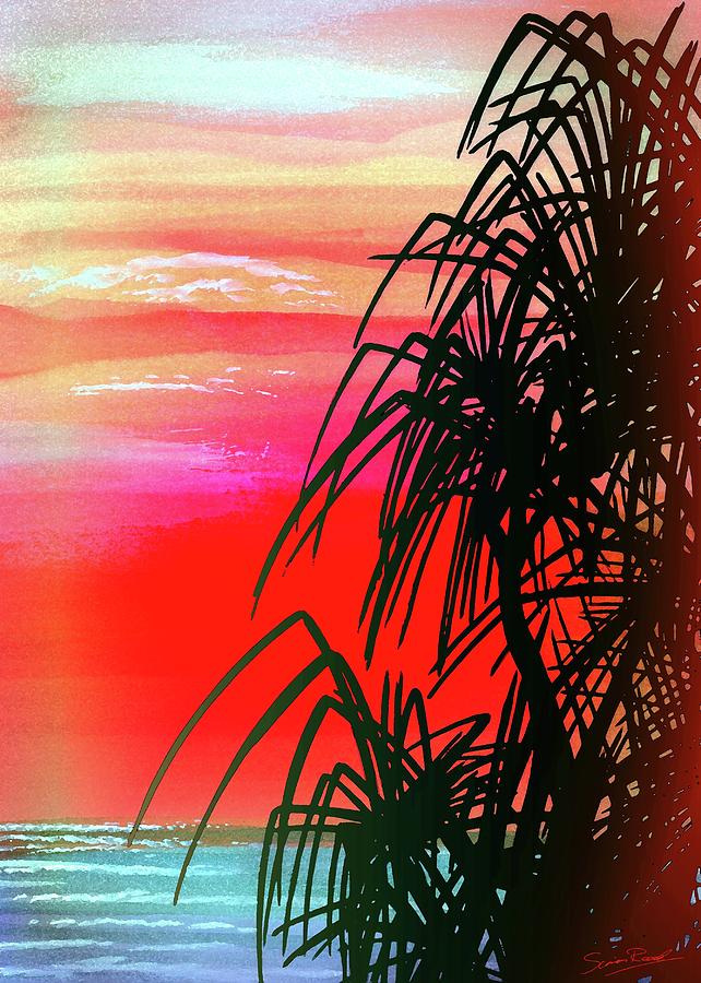 Pandanus Palm Sunset Painting by Simon Read