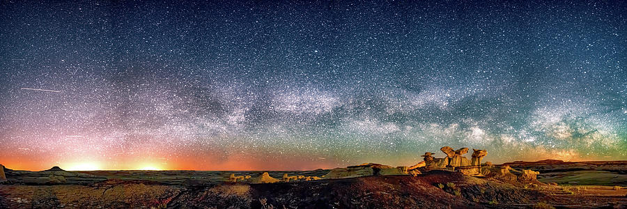 Panorama Bisti Badlands Hoodoos Under New Mexico Starry Night  Photograph by OLena Art by Lena Owens - Vibrant DESIGN