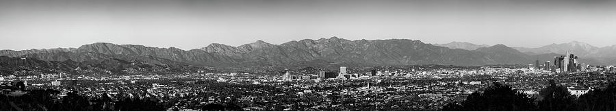 Los Angeles Photograph - Panorama From The Hollywood Hills Sign To Downtown Los Angeles Skyline - Black and White  by Gregory Ballos