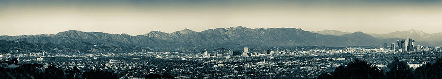 Panorama From The Hollywood Hills Sign To Downtown Los Angeles Skyline - Sepia Photograph by Gregory Ballos