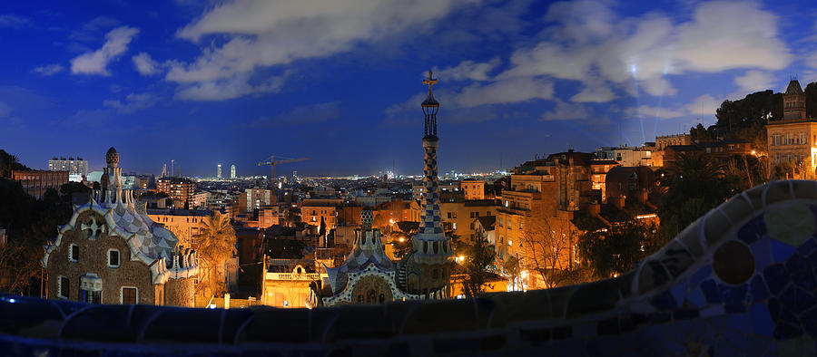Panorama of Barcelona from Park Güell at night Photograph by Marcel Germain