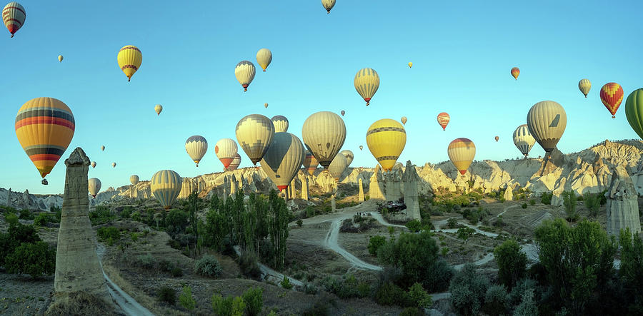 Panorama of bunch of colorful hot air balloon flying early morning in Cappadocia, Turkey against typical rock formation due to volcanic activity in love valley located in Goreme national park Photograph by Arpan Bhatia