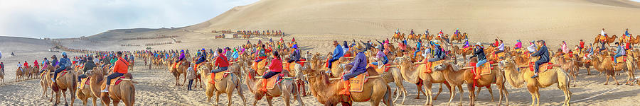 Panorama of crowds at camel rides, Singing Sand Mountain, Taklam Photograph by Karen Foley