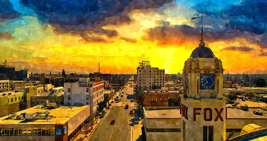 Panorama of downtown Bakersfield, California - watercolor painting Digital Art by Nicko Prints