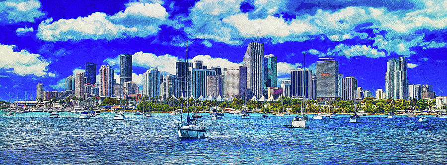 Panorama of downtown Miami seen from the Atlantic Ocean - impressionist painting Digital Art by Nicko Prints