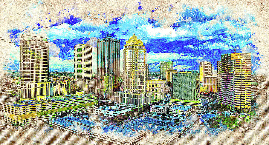 Panorama of Downtown Tampa, Florida - colored drawing Digital Art by Nicko Prints