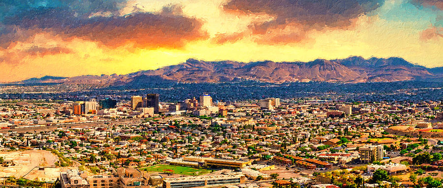 Panorama of El Paso, with the Hueco Mountains in the distance - digital painting Digital Art by Nicko Prints