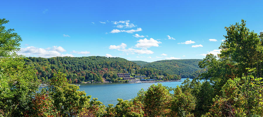 Panorama of fall colors on Cheat Lake in Morgantown WV Photograph by Steven Heap