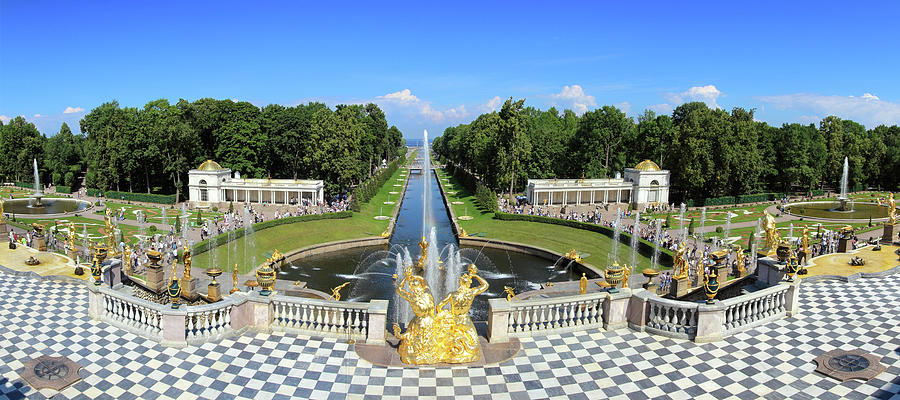panorama of famous petergof fountains in St. Petersburg Photograph by Mikhail Kokhanchikov