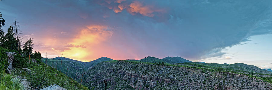 Panorama Of Fiery Sunset Over Jemez Mountains Quemazon Canyon Los Alamos New Mexico Photograph