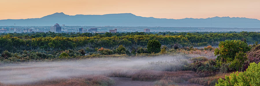 Panorama Of Foggy Morning Over Rio Grande, Albuquerque Skyline And Manzano Mountains - New Mexico Photograph